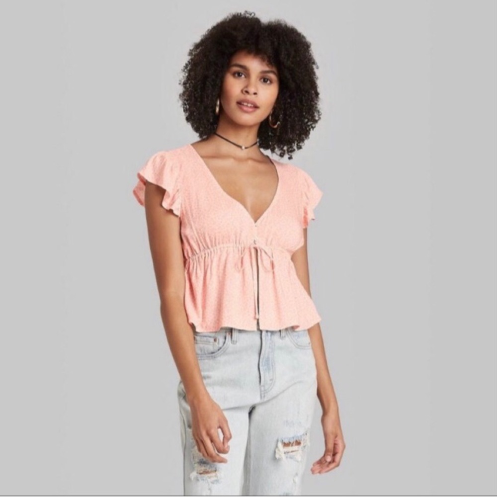 Wild Fable pink flutter sleeve open front crop blouse